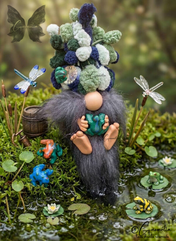 Mister Soupiot Gnome au bonnet décoiffant et accompagné de ses grenouilles
